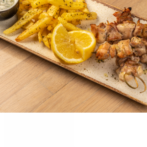 Juicy skewer with chicken thigh or pork neck marinated with herbs from our garden and French fries