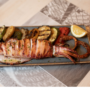 Grilled calamari with roasted vegetables